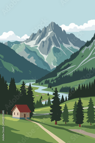 Flat vector of a peaceful mountain scene with cabin, pine trees and winding trail along a valley with dramatic snowy peaks