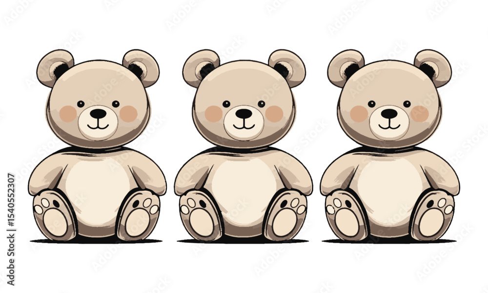Naklejka premium Scalable vector illustration of four teddy bears in a horizontal row, each drawn in a minimalist cartoon style, easily editable and scalable. 