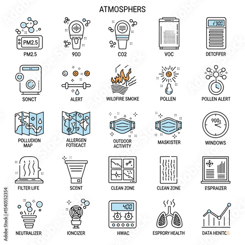 Air Quality Icons: A comprehensive collection of icons representing various aspects of air quality, including pollution, allergens, and related elements. 