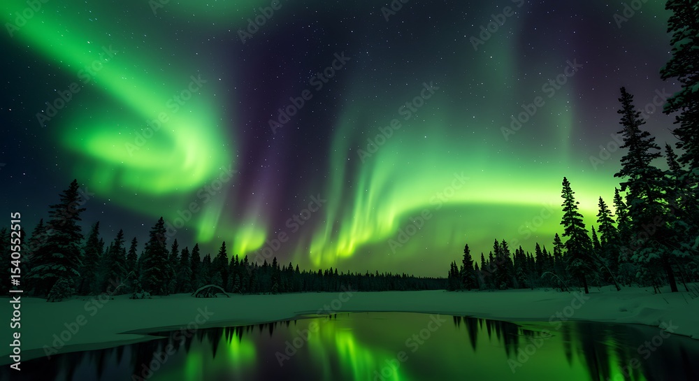 Fototapeta premium A highly realistic aurora scene with vibrant green ribbons of light streaking across a clear starry sky, silhouetted pine trees below and snow covered ground glowing faintly,