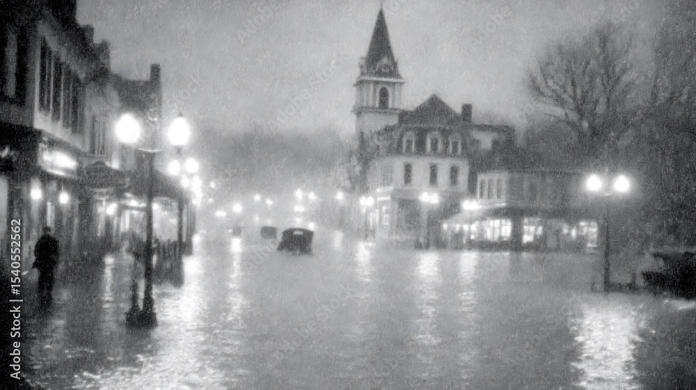 Fototapeta premium Flooded Town Street at Night: A Black and White Photograph