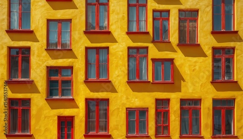 Wallpaper Mural a vibrant yellow building facade is covered in a grid of red-framed windows casting sharp shadows in bright sunlight. Torontodigital.ca