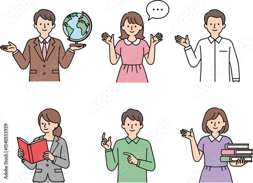 Diverse Set of People Engaging in Education, Communication, and Global Topics. Hand drawn style vector design illustrations.