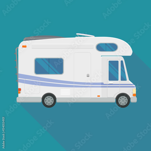 Side view of a camper van in flat design style on blue background with long shadow