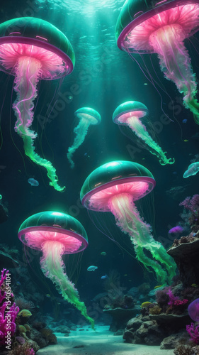 neon jellyfish floating in alien underwater world