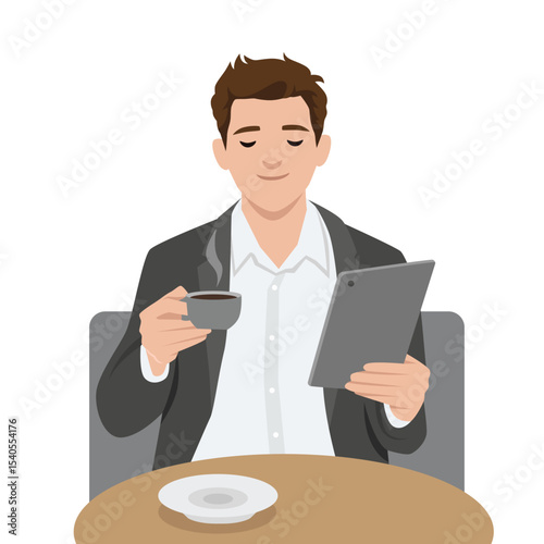 Man enjoys a peaceful coffee break while reading from a tablet, Smart casual attire at a cozy table. Flat vector illustration isolated on white background