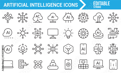 Set of Digital AI Icons Depicting Machine Learning, Cloud, and Neural Networks