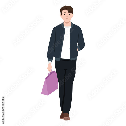 Young man walks confidently while holding a pink shopping bag, dressed in casual yet stylish outfit. Flat vector illustration isolated on white background