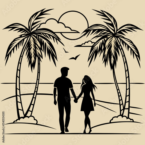Romantic Sunset Stroll Couple Walking Hand-in-Hand on a Tropical Beach Under Palm Trees