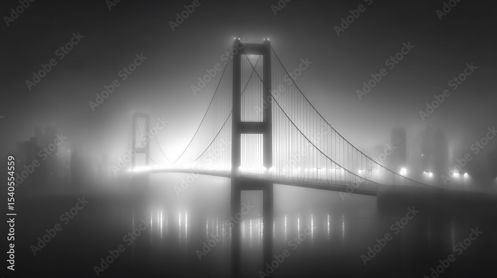 Fototapeta premium Foggy Night Bridge: A Monochromatic Cityscape
