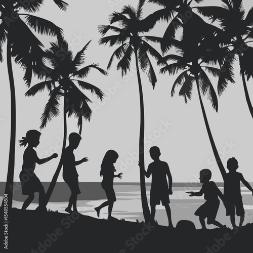 Silhouette of Children Playing Joyfully on a Tropical Beach at Sunset A Serene Summer Scene