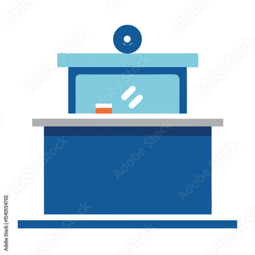 reception desk with logo signage in front no text