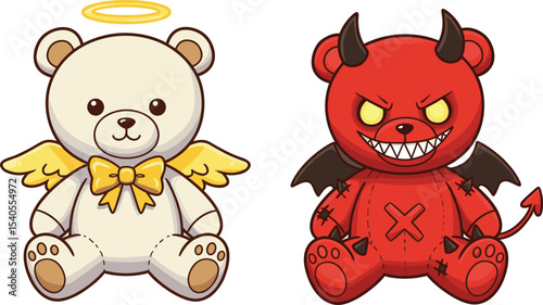 Contrast of Angel and Devil Teddy Bears: Cute Heavenly Bear with Halo and Wings Alongside Fiendish Red Demon Plush Toy Illustration