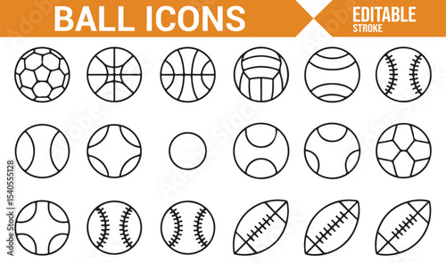 Set of Minimalist Icons Representing Various Sports Balls in Simple Line Design