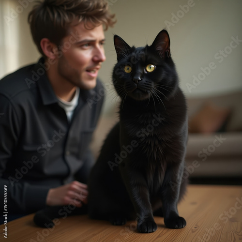 closeup of expressive black cat with yellow eyes and a man