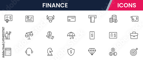 Vector illustration web line icon collection for finance: money, banking, investments, charts, and economic symbols in a sleek, modern style.