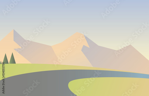 A minimalistic landscape illustration depicting rolling hills, distant mountains, and a winding road under a clear sky
