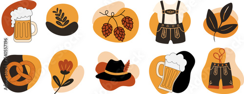 oktoberfest vector sticker set with beer mugs pretzels lederhosen and hops on abstract shapes ideal german festival themed designs digital stickers web design