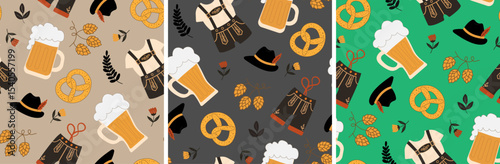 oktoberfest seamless pattern set with beer mugs pretzels lederhosen and hops on beige grey and green backgrounds for german celebrations bavarian folk art