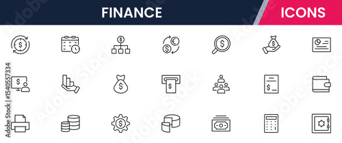 Vector illustration web line icon collection for finance: money, banking, investments, charts, and economic symbols in a sleek, modern style.