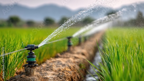 Realistic Smart Irrigation System with Water Flowing Gently Through Lush Green Fields Under Soft Light