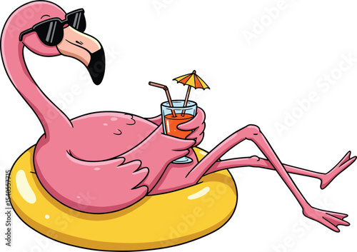 Cool Cartoon Flamingo Wearing Sunglasses and Sipping Cocktail on Inflatable Ring, Perfect for Summer Vacation, Pool Party, and Tropical Holiday Designs