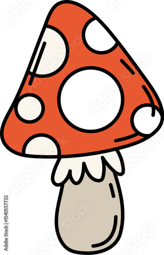 Cartoon groovy Halloween amanita mushroom symbol. Isolated vector retro psychedelic, hallucinogenic fly agaric fungus with red cap, white spots and chunky stem, sign of trip and nostalgic hippie era