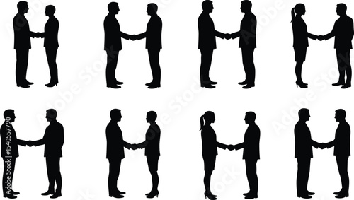 Business handshake silhouette, professional agreement, corporate greeting, team partnership, deal closing vector, male female cooperation, office meeting concept illustration