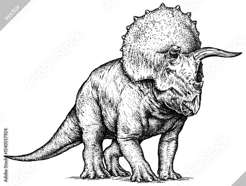 Vintage engraving isolated Triceratops set illustration reptile ink sketch. Dinosaur background silhouette Jurassic art. Black and white hand drawn vector image