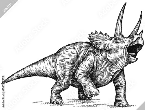 Vintage engraving isolated Triceratops set illustration reptile ink sketch. Dinosaur background silhouette Jurassic art. Black and white hand drawn vector image