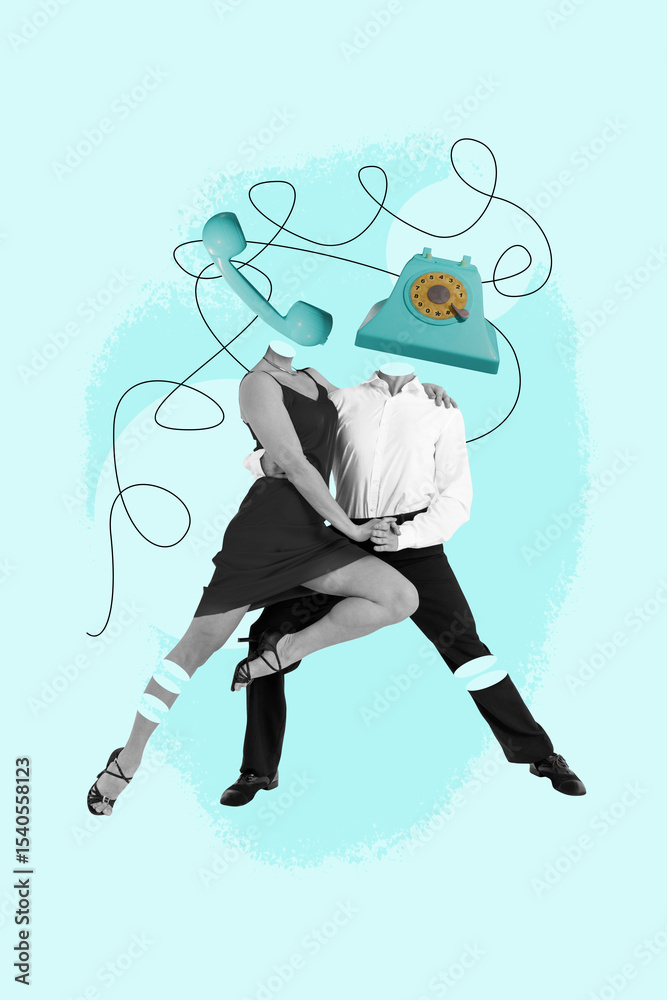 Obraz premium 3d pop zine image photo art collage of two anonym business partners girl guy dance instead head telephone handset call center worker