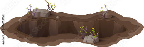 Cartoon deep dirty pit and burrow, ground hole. Soil erosion pit or natural disaster chasm, isolated vector animal burrow. Deep dirty and muddy hole in ground with stones and tree sprouts on edges