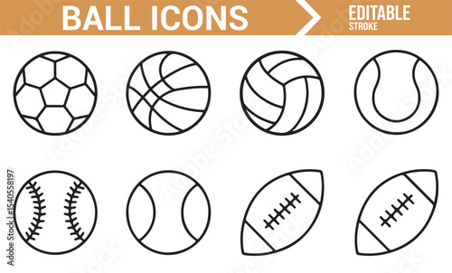 Collection of Sports Ball Icons: Line Drawings for Different Sports Including Football