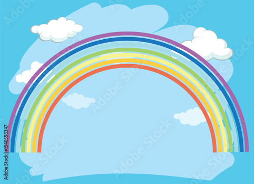 A bright and cheerful illustration of a colorful rainbow arching across a clear blue sky with fluffy white clouds