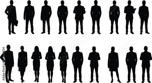 Business people silhouette collection, standing professionals, formal attire, corporate posture, group staff vector, male female business illustration, team concept