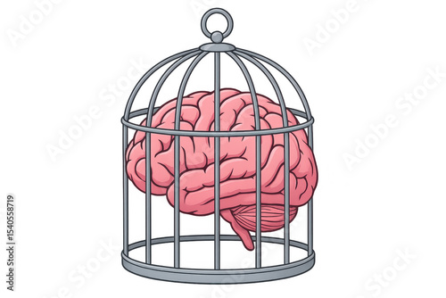 Cartoon brain caged inside a birdcage on a transparent background, symbolizing mental block, lack of freedom, and limited thinking