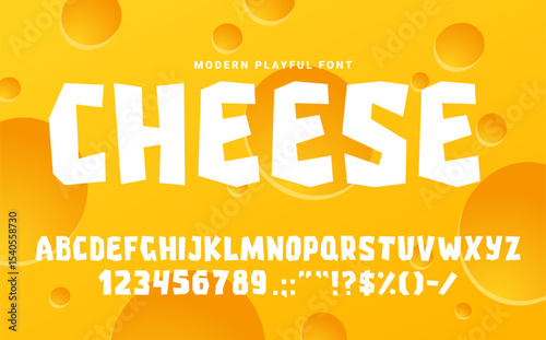 Cheese rough fun font, cutout type, cartoon english alphabet, snack food typeface. Vector typography characters, funny playful kids abc typeset letters, numbers and signs with chopped irregular shapes