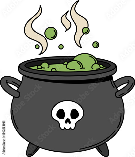 Cartoon groovy Halloween witch cauldron with green brew and skull symbol. Isolated vector mystical pot brimming with bubbling liquid concoction, emitting an eerie otherworldly mystic glowing haze