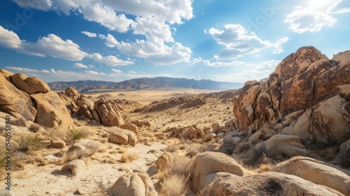 Awe-Inspiring Mojave Desert Landscape: Rocky Terrain Under a Vast Sky