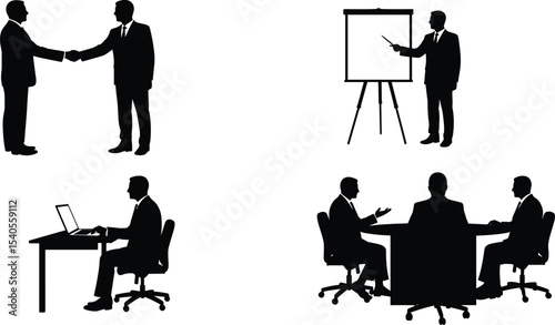 Business meeting silhouette, office presentation, handshake, teamwork, professional collaboration, corporate discussion, laptop work, workplace training, vector illustration