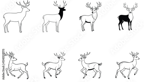 Silhouette of a Majestic Deer with Antlers – Vector Illustration Isolated on White.