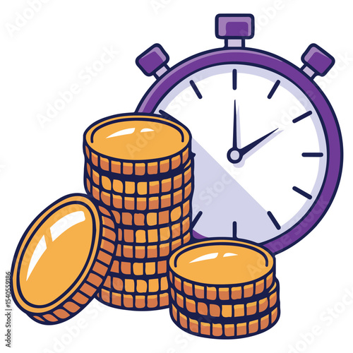 time is money concept with coins and stopwatch isolated vector illustration