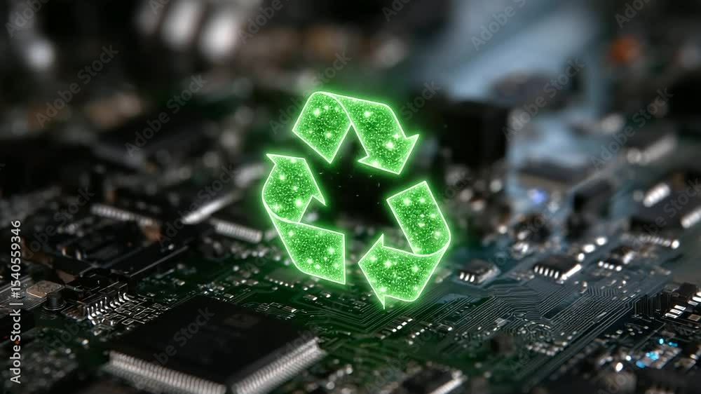 Stylized glowing green recycle symbol seamlessly embedded into a futuristic circuit board, symbolizing harmony between sustainable practices and modern technology