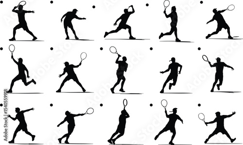 Dynamic Tennis Player Silhouettes in Various Action Poses with Racquet and Ball, Perfect for Sports Marketing, Athletic Training, and Game-Themed Designs