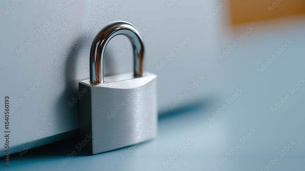 Fototapeta premium Close-up Image of a Silver Padlock on a Smooth Surface with Soft Lighting and a Blurred Background for Security and Protection Concept