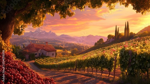Sunset Vineyard Landscape: Tuscan Dream