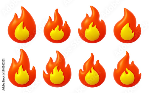 3d fire flame icons set. Isolated vector burning blaze with hot red and yellow tongues. Emoji symbols with glossy effect. Cartoon bonfire render represents heat, energy, excitement or passion emotions