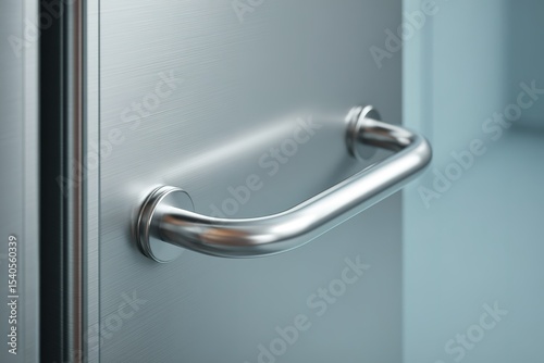 Metal handle on a modern stainless steel door in a contemporary design setting displaying sleek lines and minimalistic style