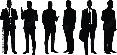 Businessman silhouette, professional men standing, holding phone, formal suit, office worker, teamwork, modern corporate style, black vector illustration
