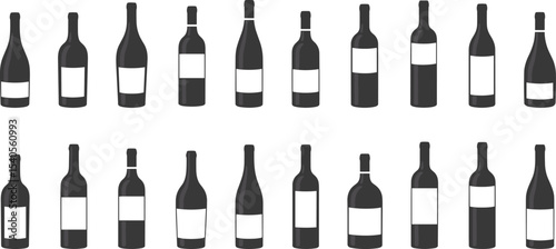 Collection of Assorted Dark Wine Bottle Silhouettes with Blank Labels, Perfect for Beverage Industry Designs, Restaurant Menus, and Alcohol-Related Graphics on White Background